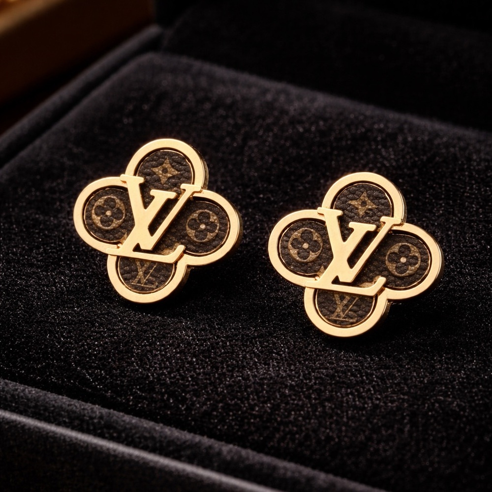 Fashion Jewelry Gold and Brown Monogram Flower Stud Earrings